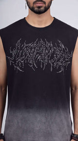 Black sleeveless shirt with silver embellishments on a gradient background