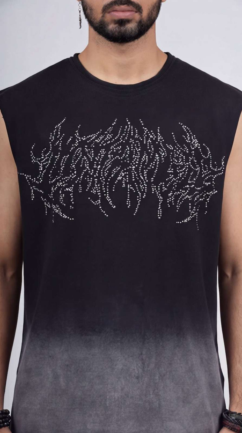Black sleeveless shirt with silver embellishments on a gradient background